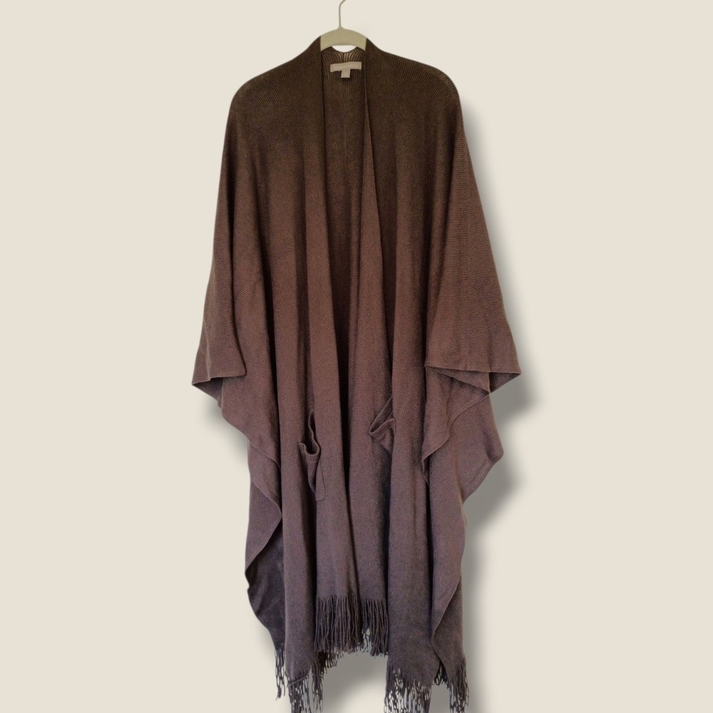 Woman Within Brown Open Front Fringe Hem Poncho Cape Pockets Oversized Cabincore - Picture 9 of 12